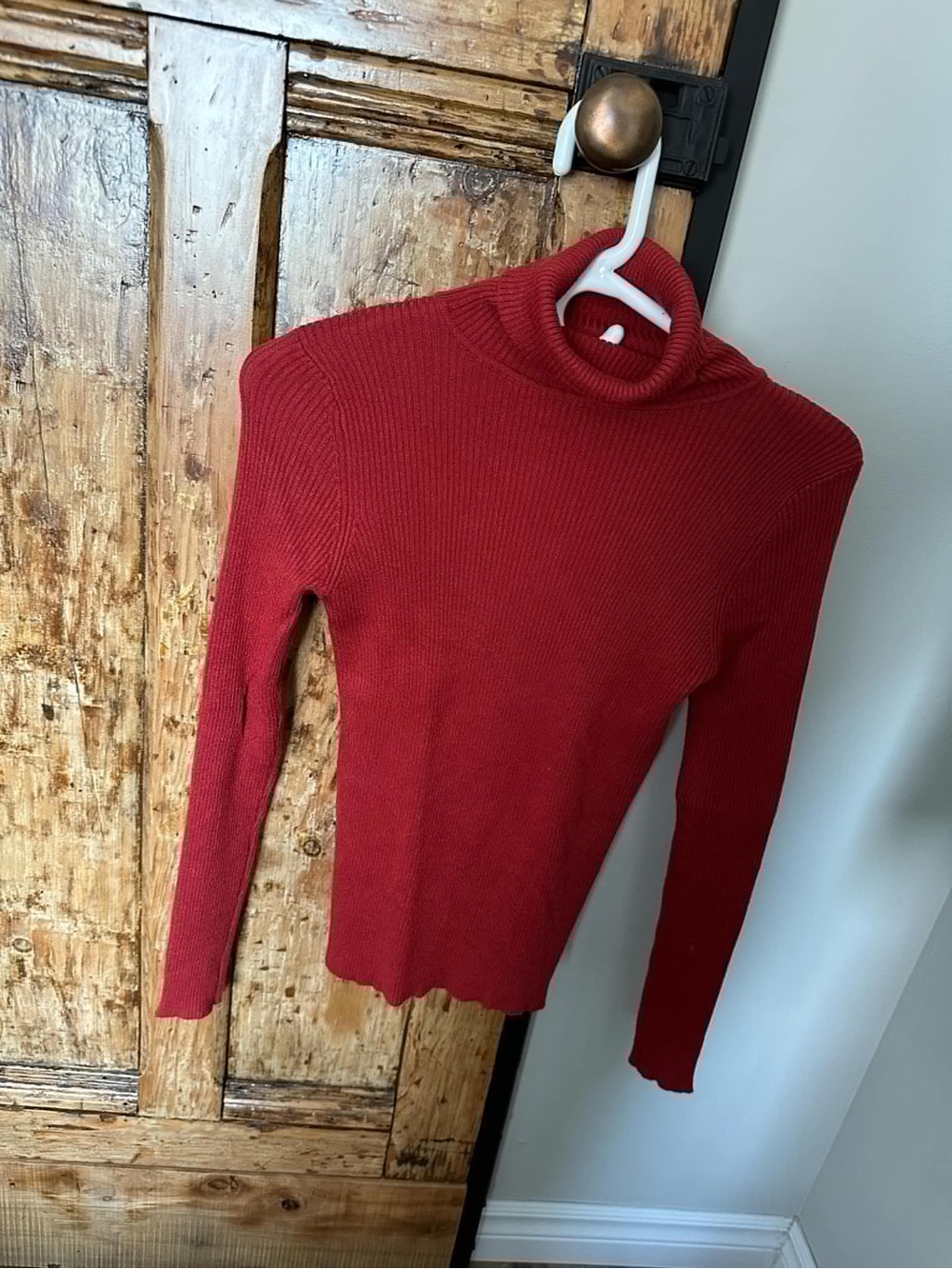 Red Ribbed Mock Neck Women's Sweater